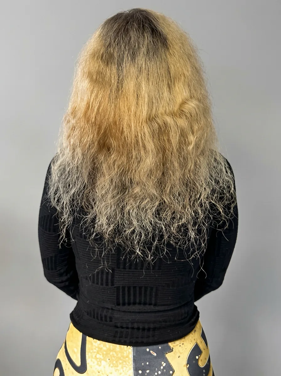 Vorher: unruhiges, fleckiges Blond mit dunklem Ansatz